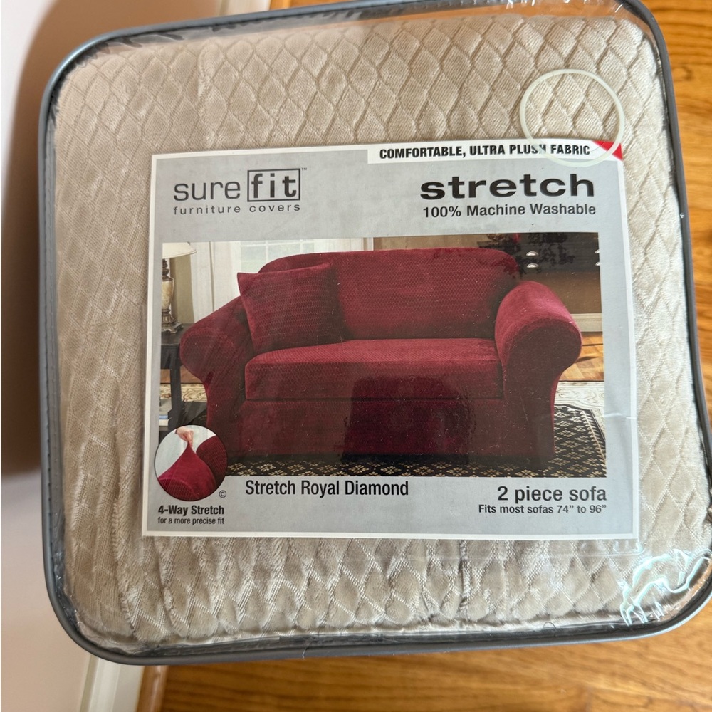 Sure Fit Stretch Sofa Cover in beige royal diamond pattern